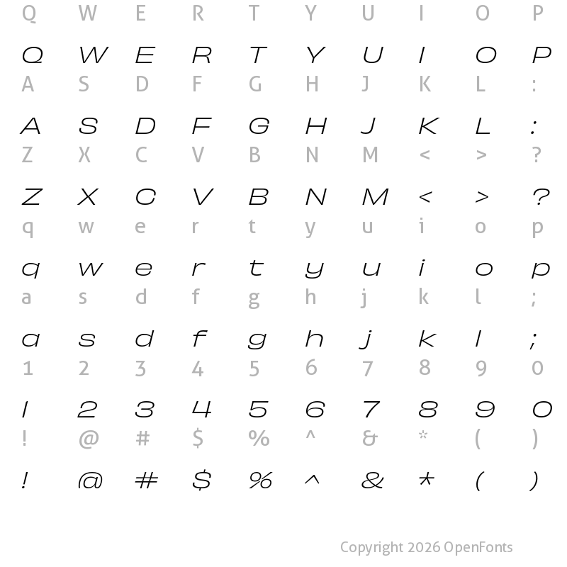 Character Map of Obviously Wide Light Italic