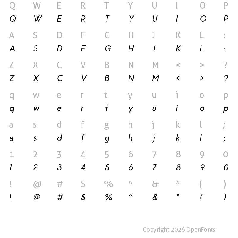 Character Map of Odin Rounded Light Italic