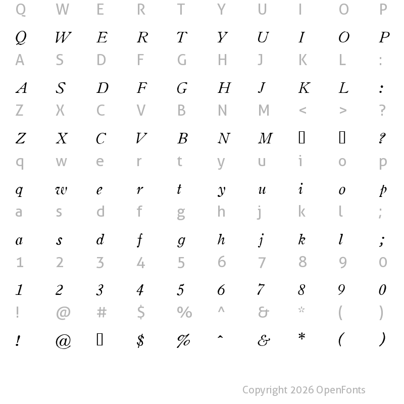 Character Map of Oldstyle Italic HPLHS