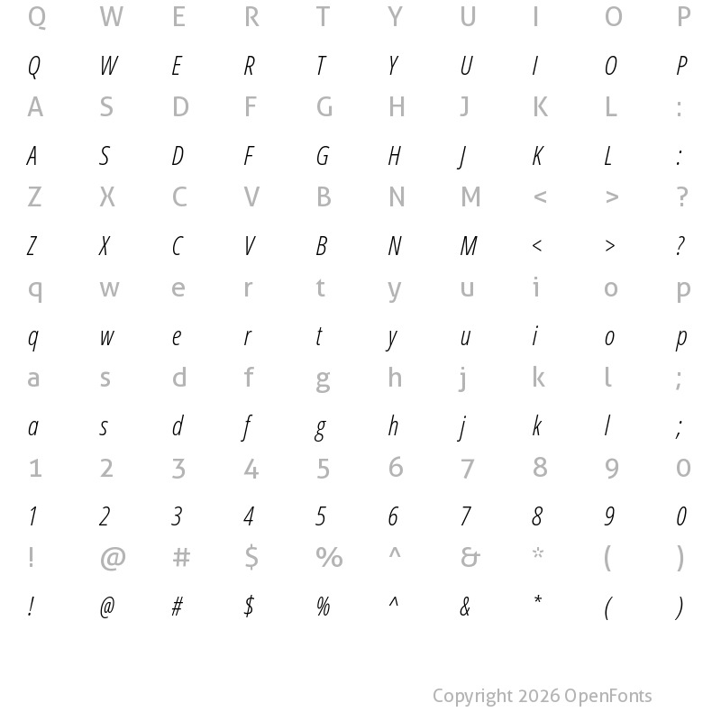 Character Map of Open Sans Condensed Light Italic