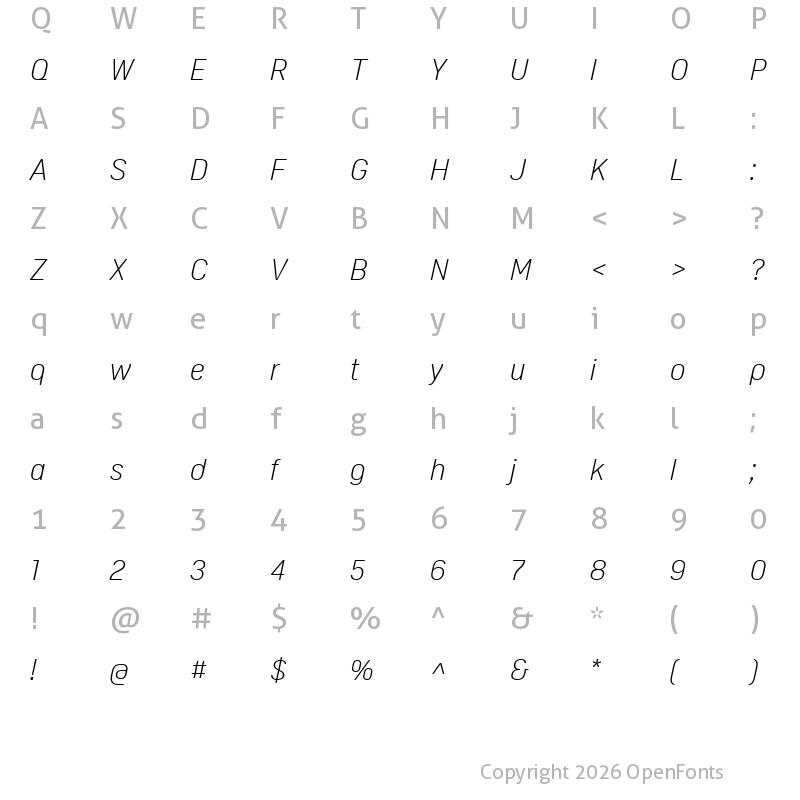 Character Map of Oscine Trial Light Italic