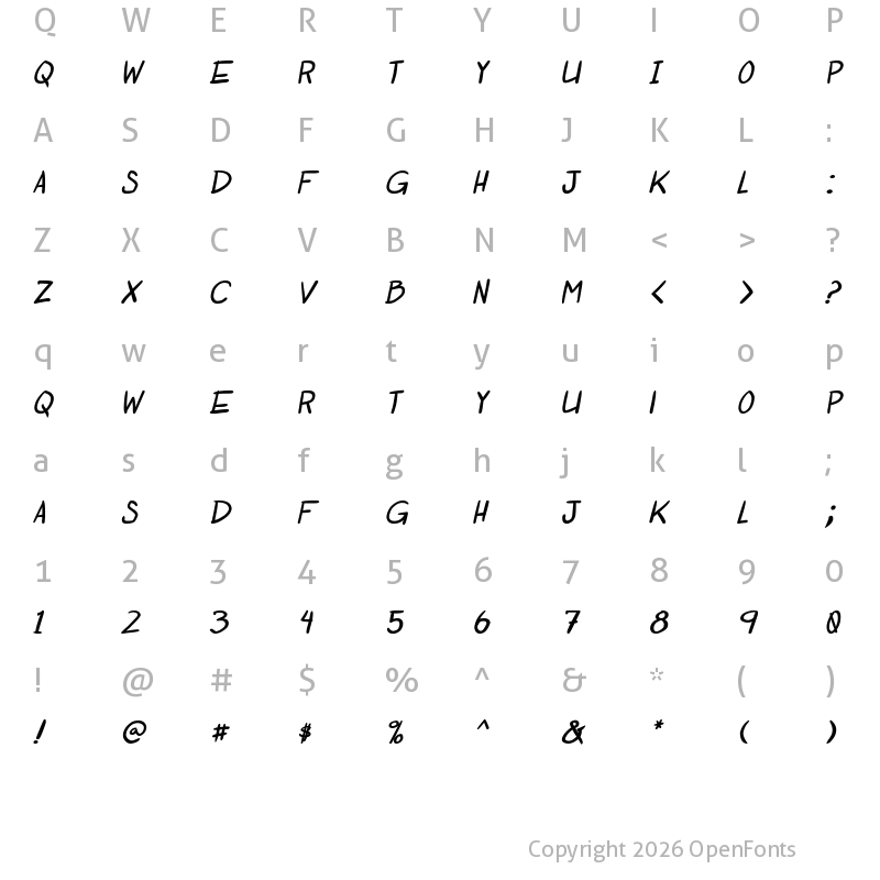 Character Map of Otaku Rant Bold Italic