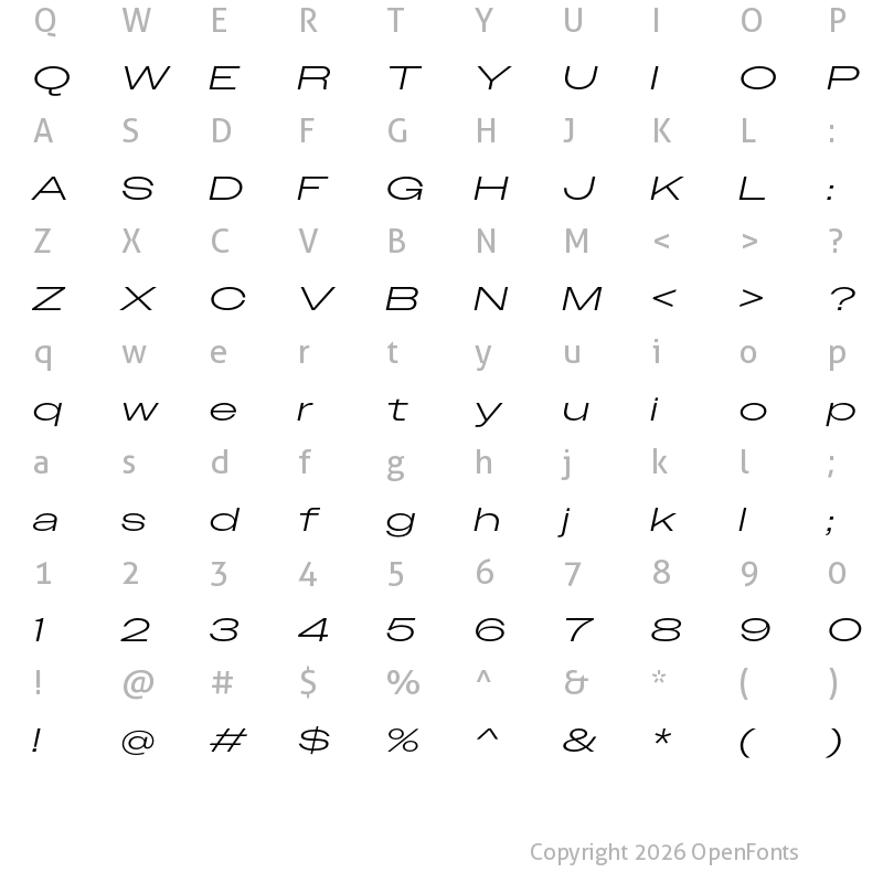 Character Map of Owners XXWide Light Italic