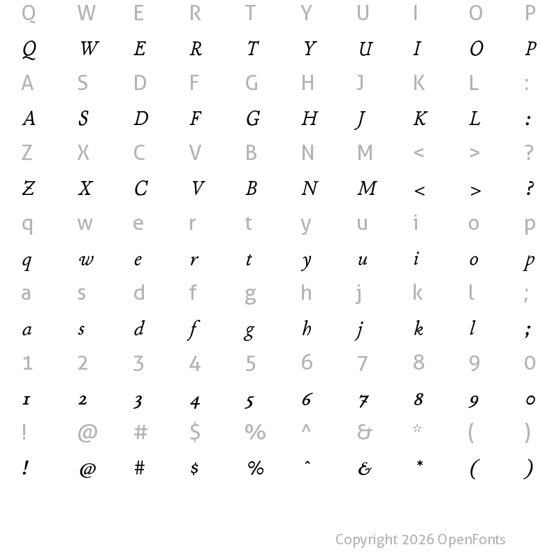Character Map of P22 Stickley Pro Caption Italic