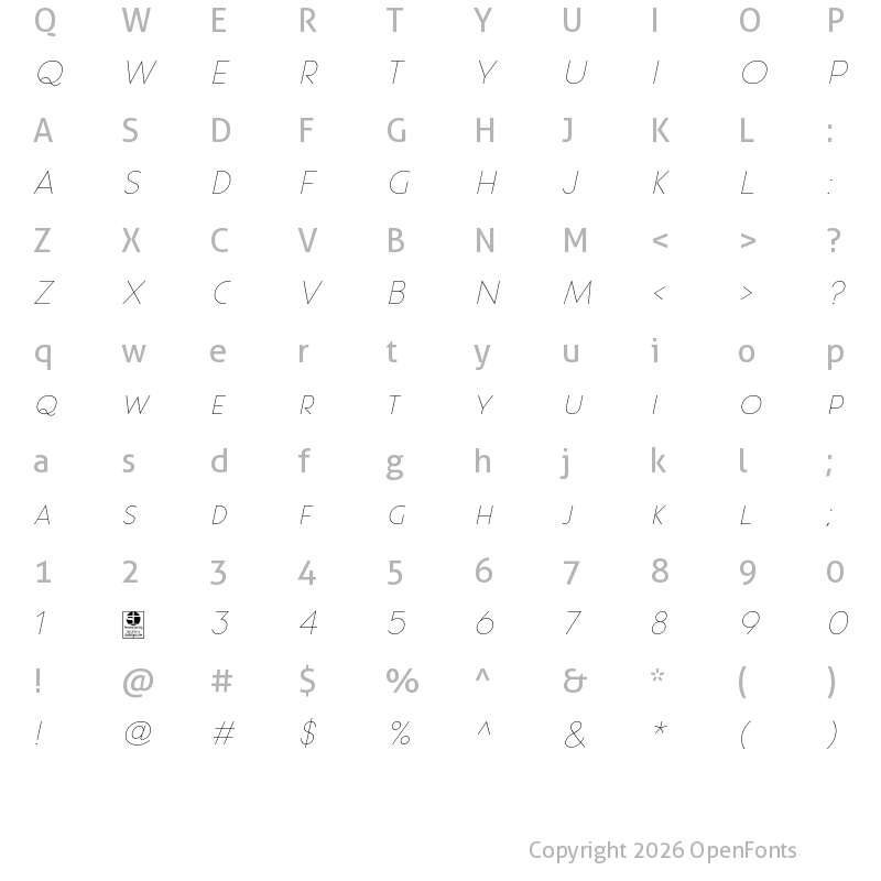 Character Map of Pages Grotesque Thin Demo Italic