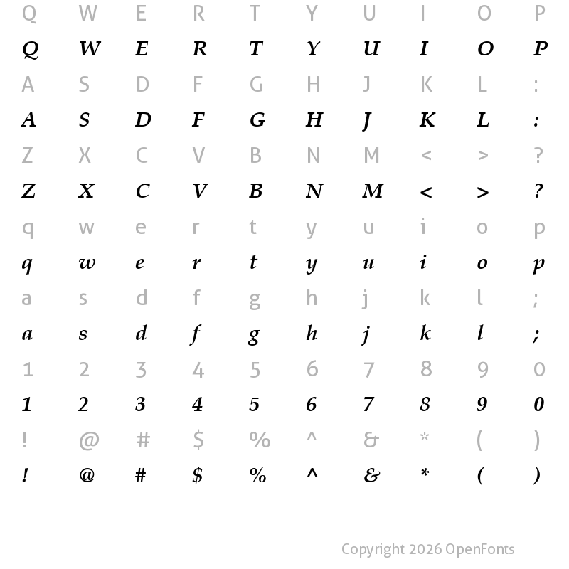 Character Map of Palatino LT Bold Italic
