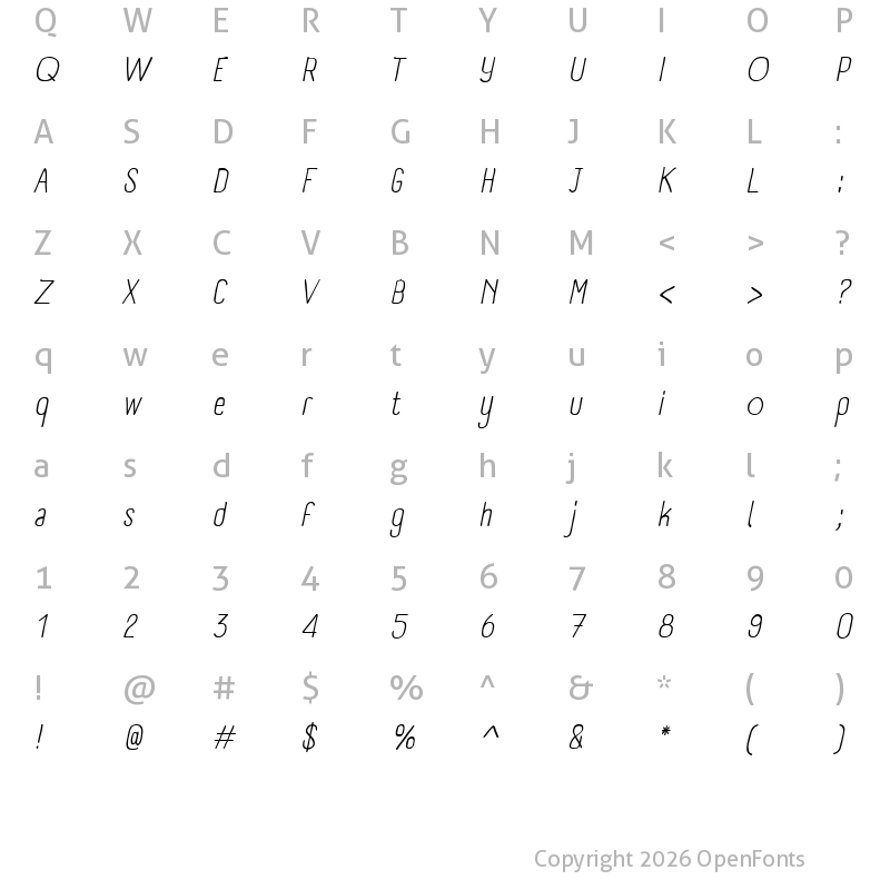 Character Map of Panforte Condensed Light Italic