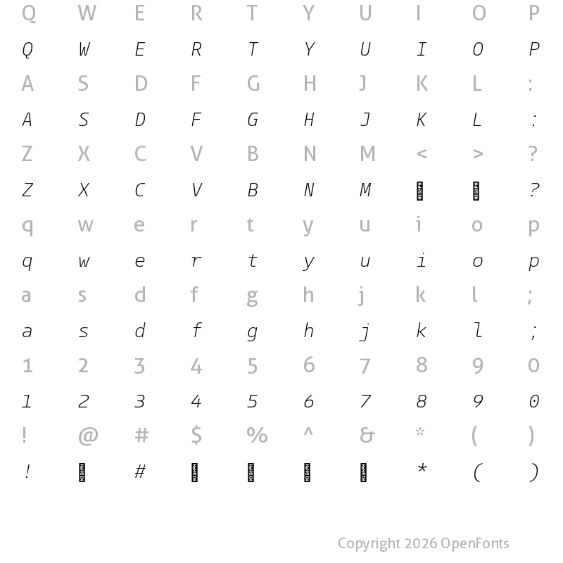 Character Map of ParadroidMono Soft Trial Light Italic