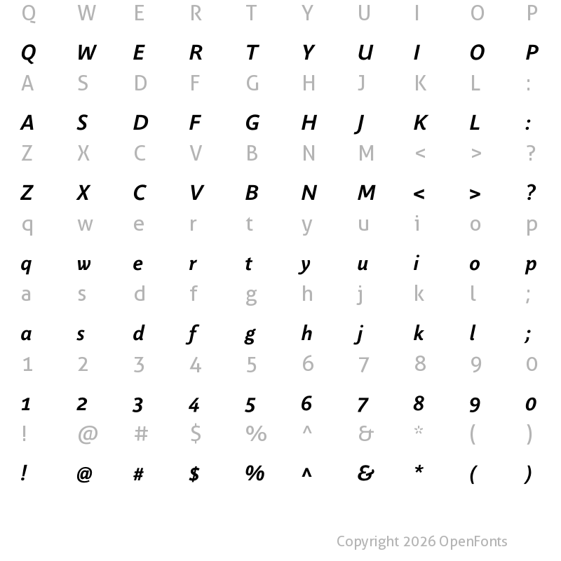 Character Map of Parisine Office Std Bold Italic