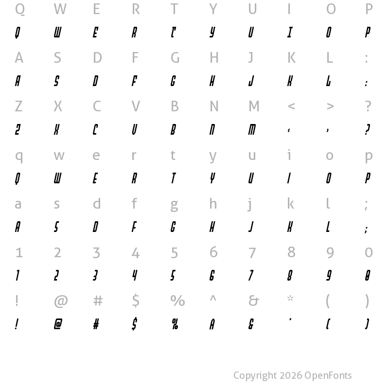 Character Map of Peace & Houston Condensed Ital Regular