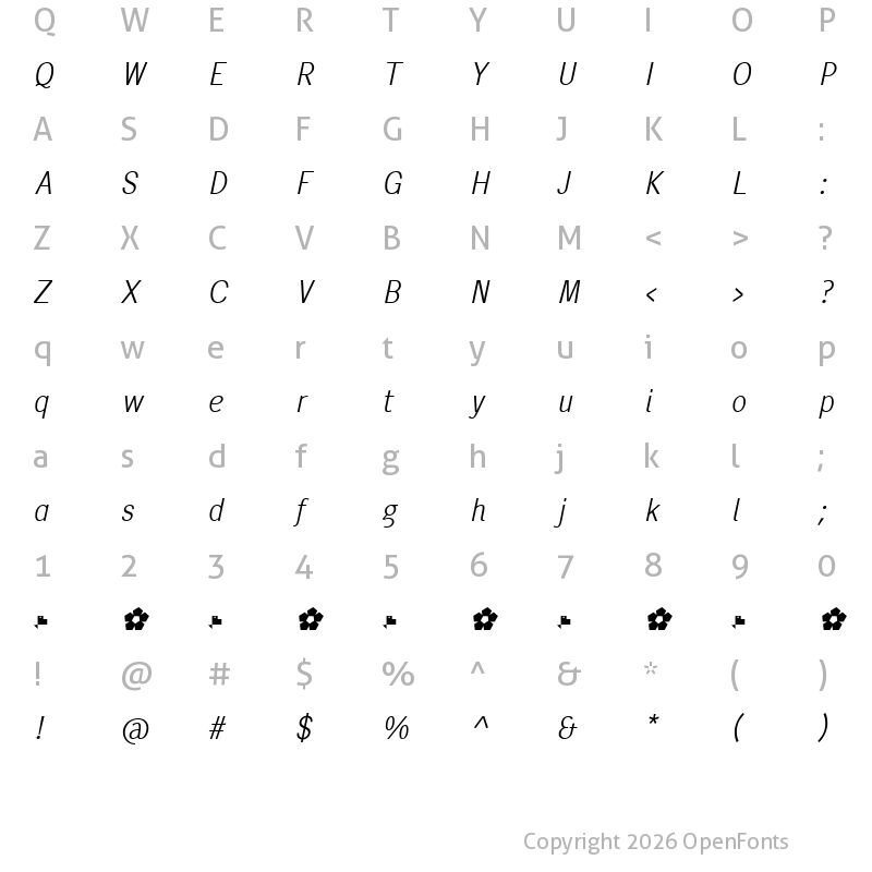 Character Map of Pentay Sans Light Italic