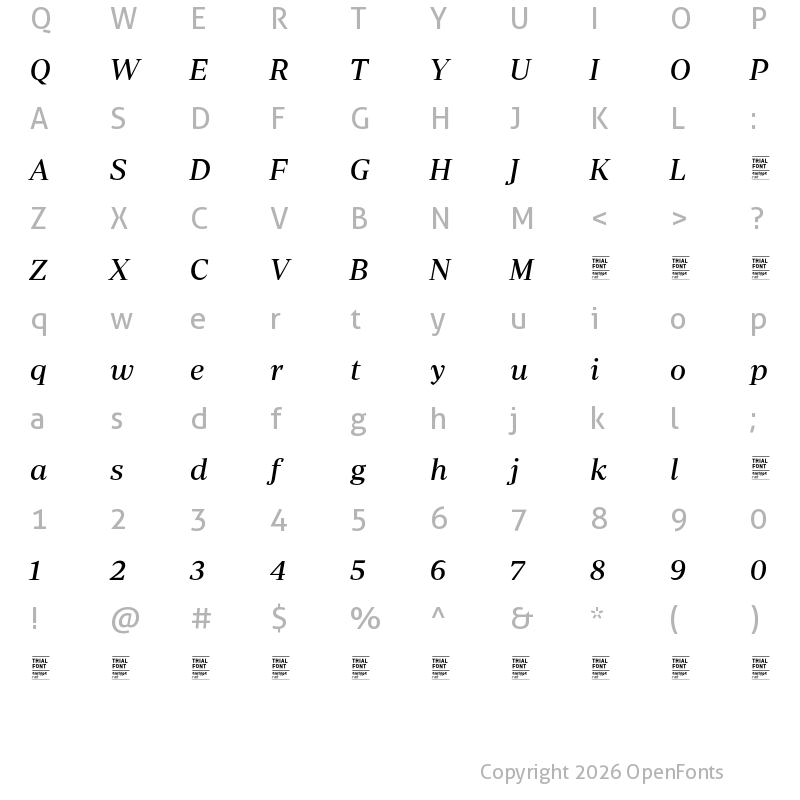 Character Map of Periodico Display TRIAL Regular Italic