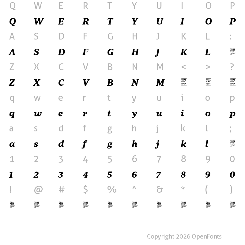 Character Map of Periodico Text TRIAL Bold Italic