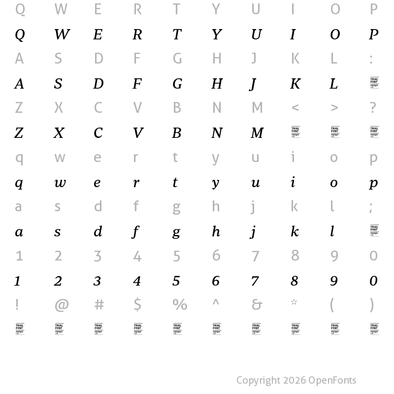 Character Map of Periodico Text TRIAL Regular Italic