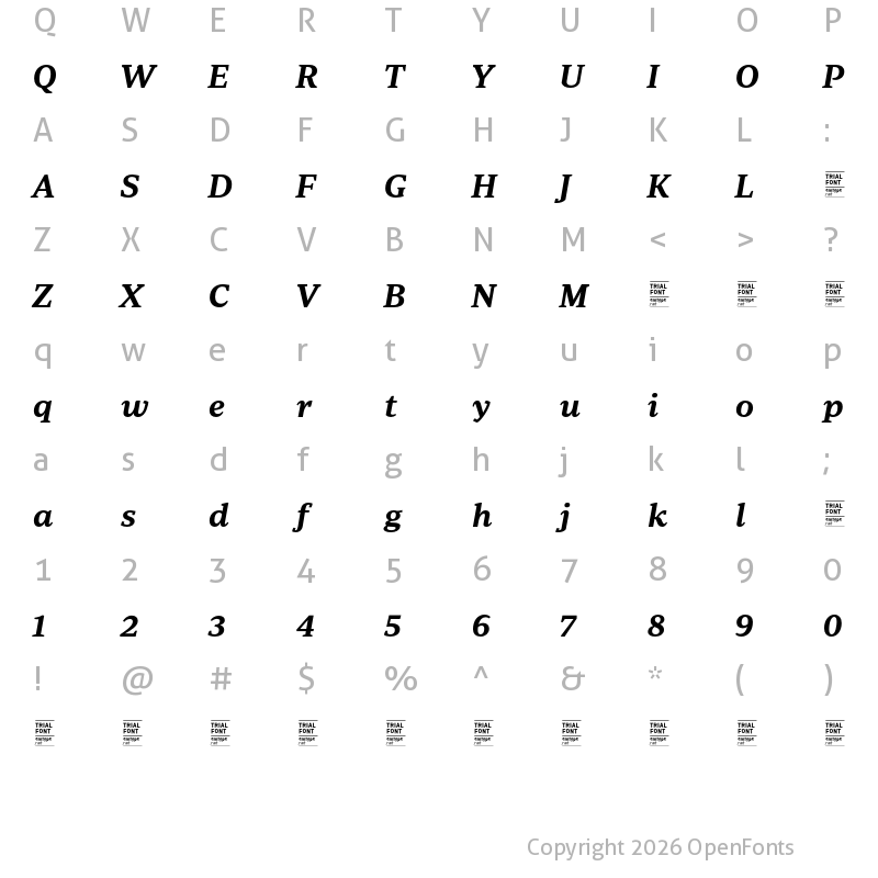 Character Map of Periodico Text TRIAL SemiBold Italic