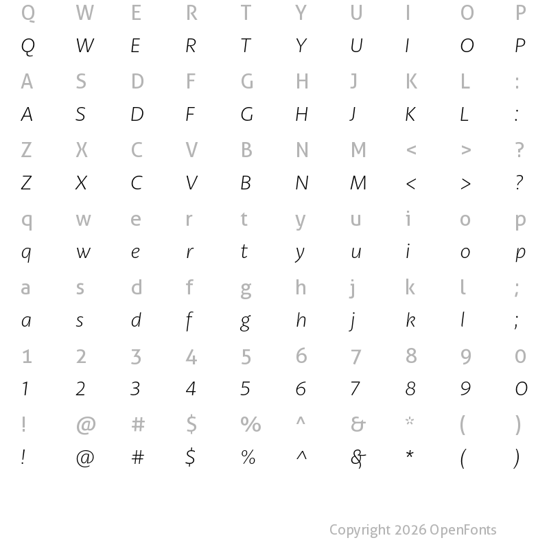 Character Map of Petala Pro Light Italic