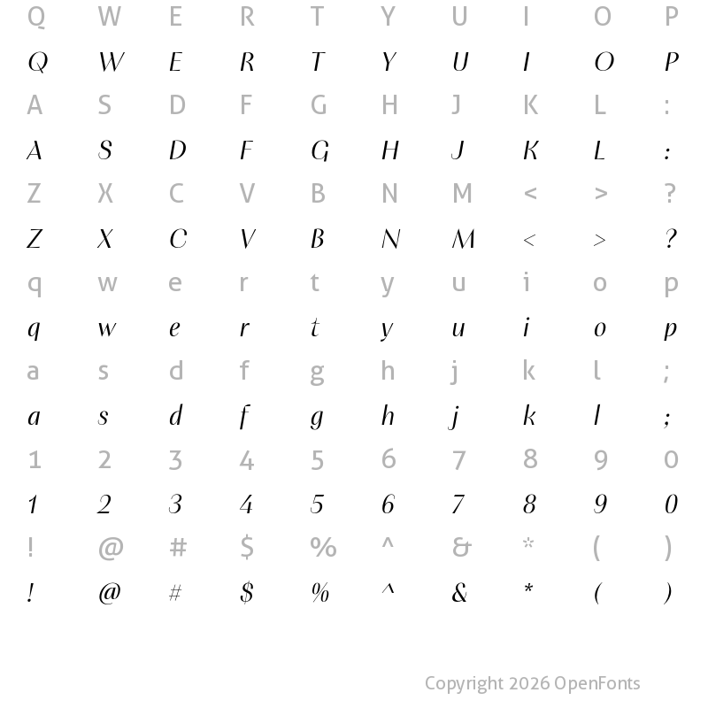 Character Map of PF Marlet Display Light Italic