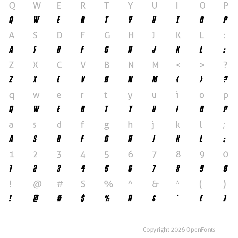 Character Map of Phenomicon Italic Regular