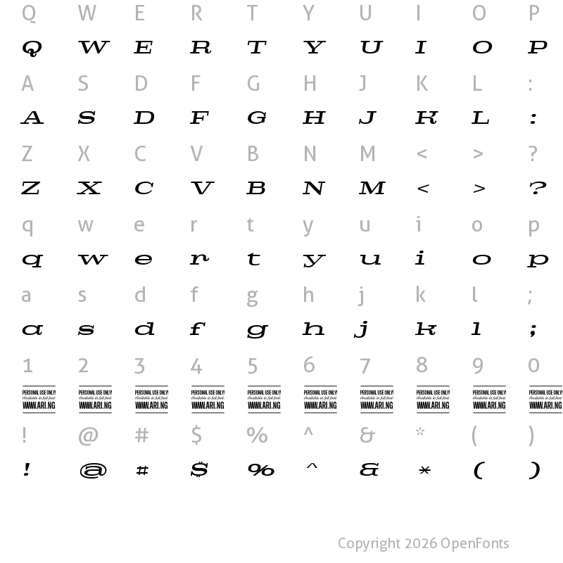 Character Map of Pigeon PERSONAL Medium Italic