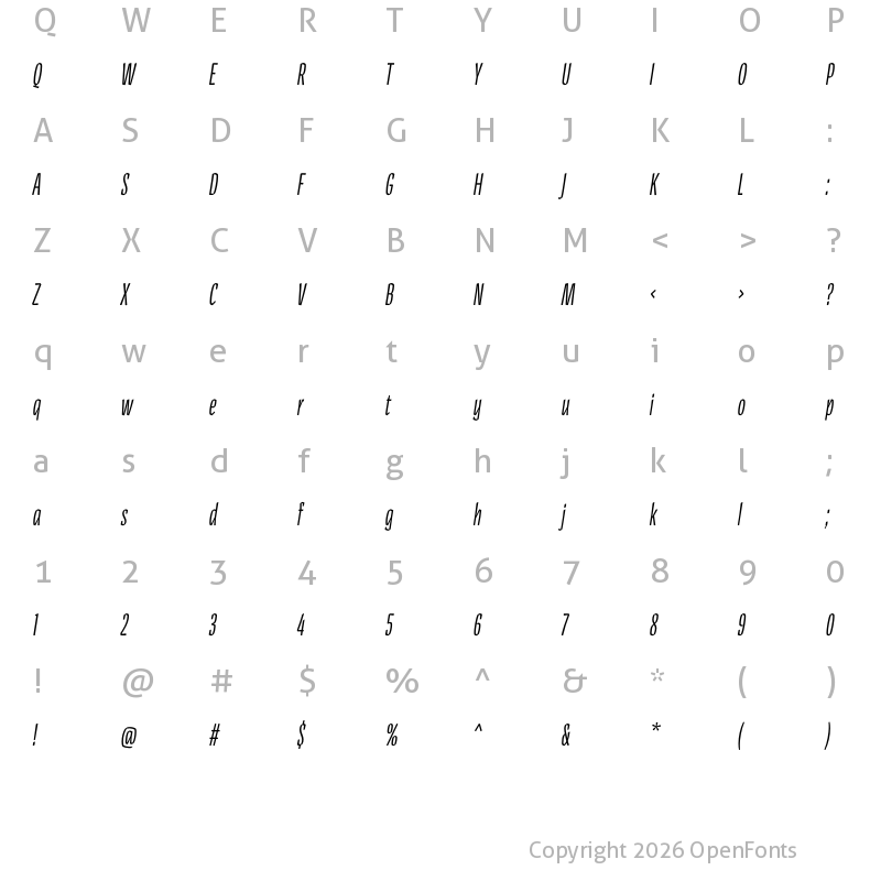 Character Map of Pilot Light Italic