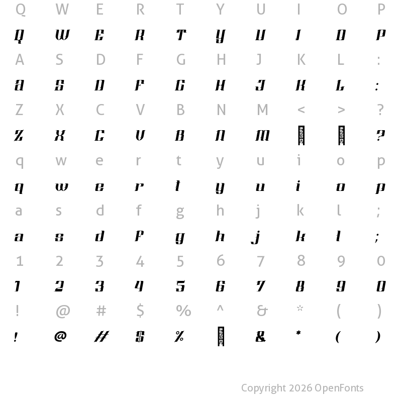 Character Map of Piston Race Free Vertion Italic