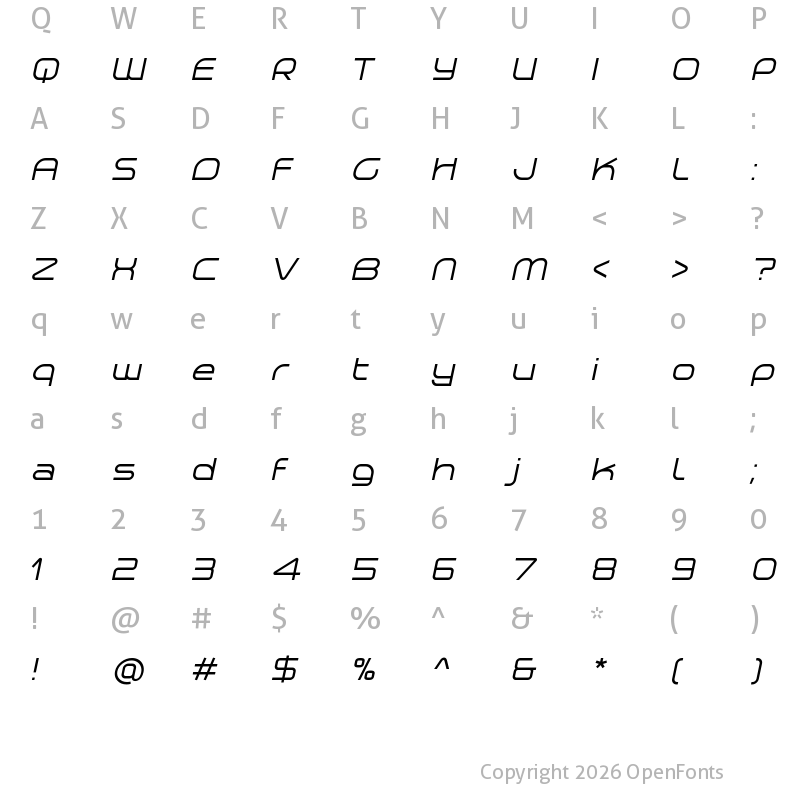 Character Map of Planetium-X Italic Demo Regular