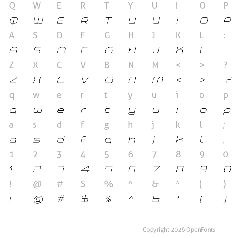 Character Map of Planetium-X Light Italic Demo Regular