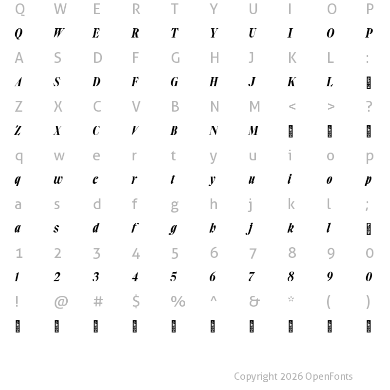 Character Map of Plateau Five Bold Italic Trial