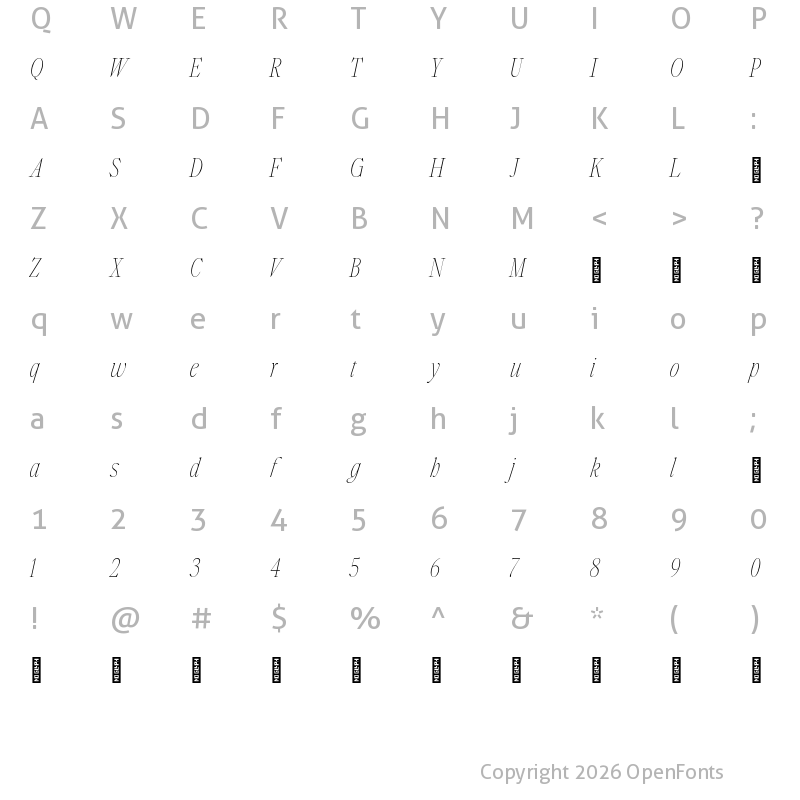 Character Map of Plateau Five Thin Italic Trial
