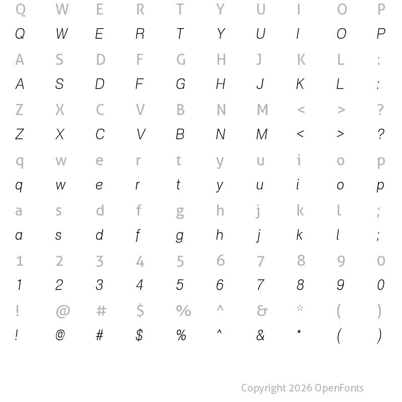 Character Map of POE Vetica New Light Italic