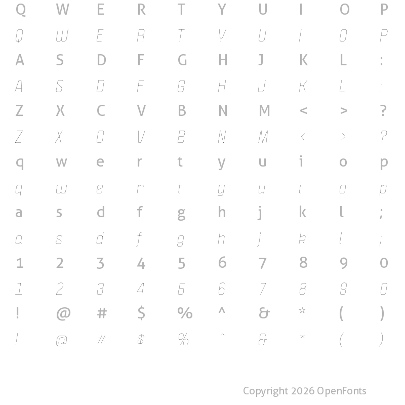 Character Map of Politica Thin Italic