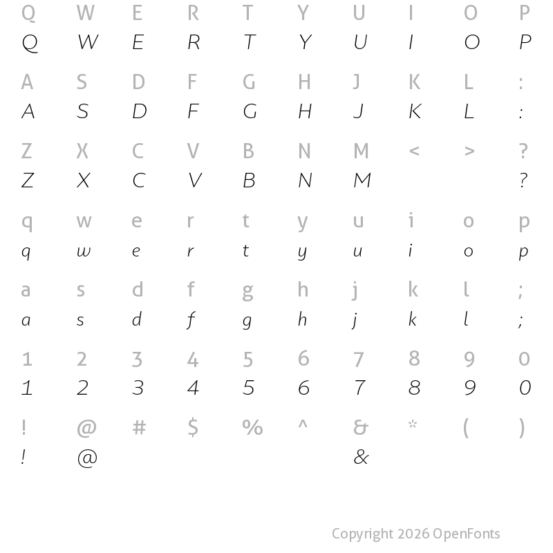 Character Map of Portheras Test Light Italic
