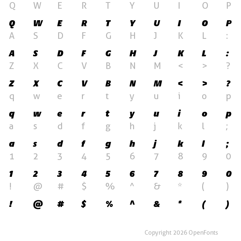 Character Map of Praxis Next Ultra Condensed Italic