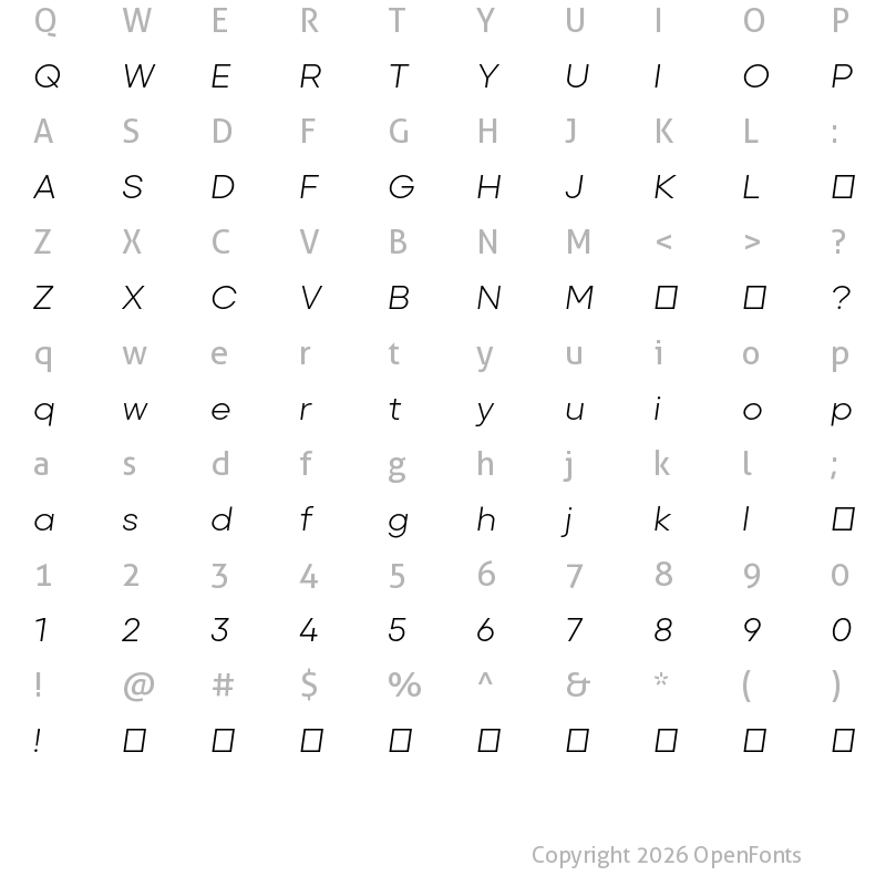 Character Map of Primeform Pro Demo Light Italic