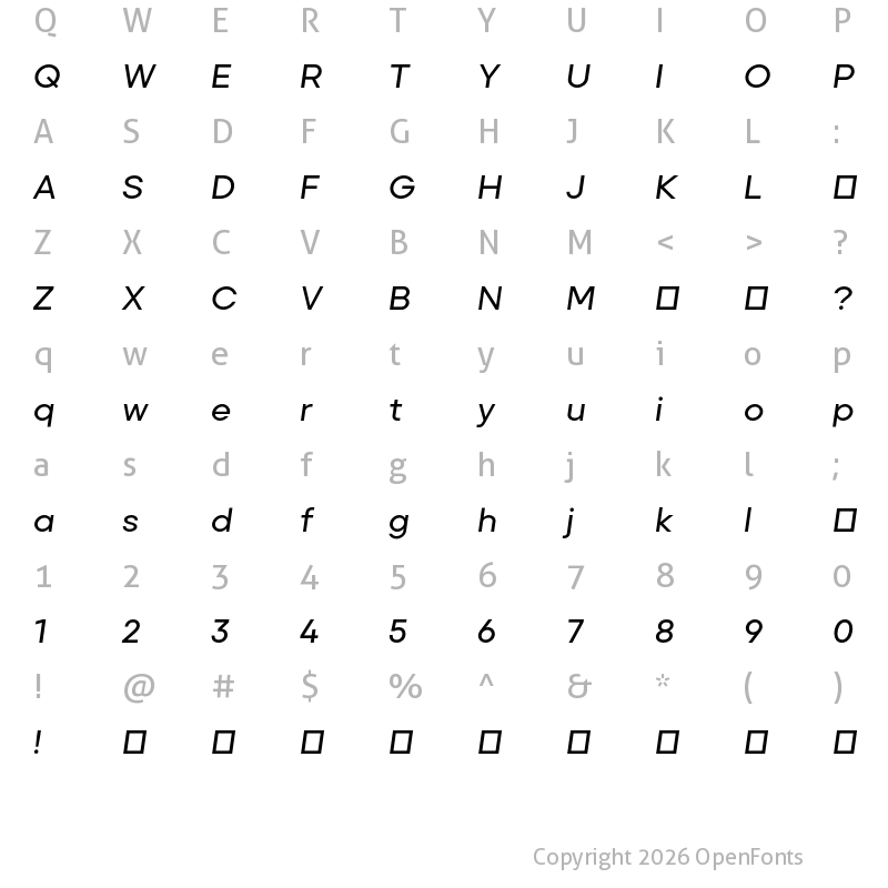 Character Map of Primeform Pro Demo Medium Italic