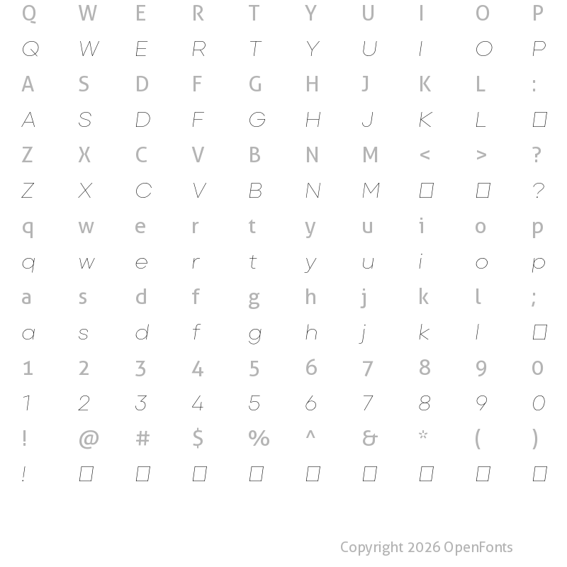 Character Map of Primeform Pro Demo Thin Italic