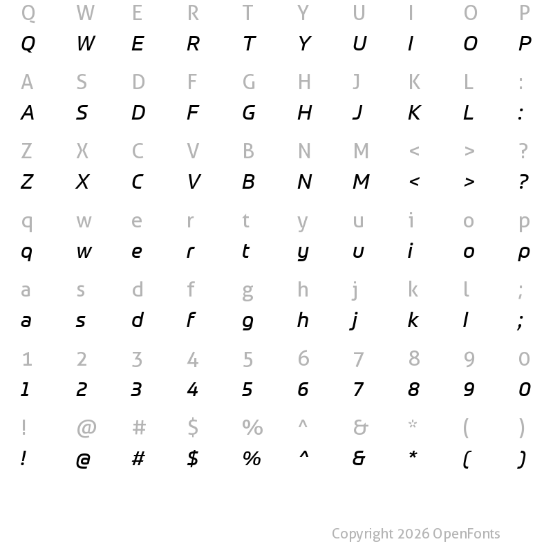 Character Map of Prometo Trial Italic