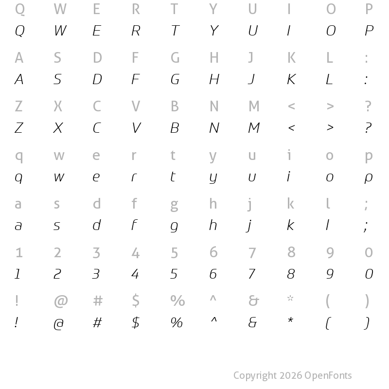 Character Map of Prometo Trial Light Italic