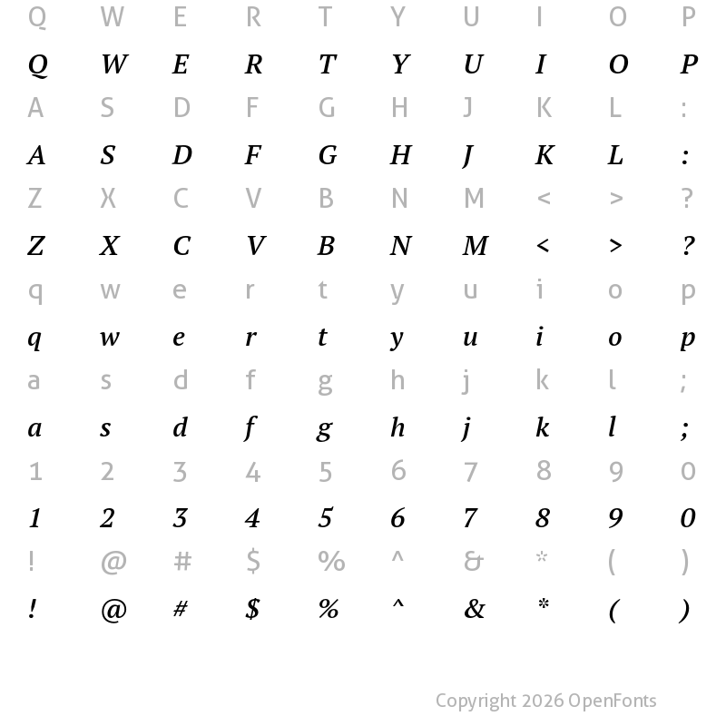 Character Map of PT Serif Pro Demi Italic