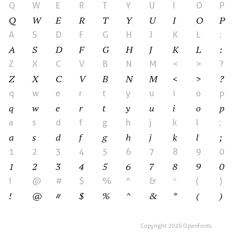 Character Map of PT Serif Pro Extended Book Italic