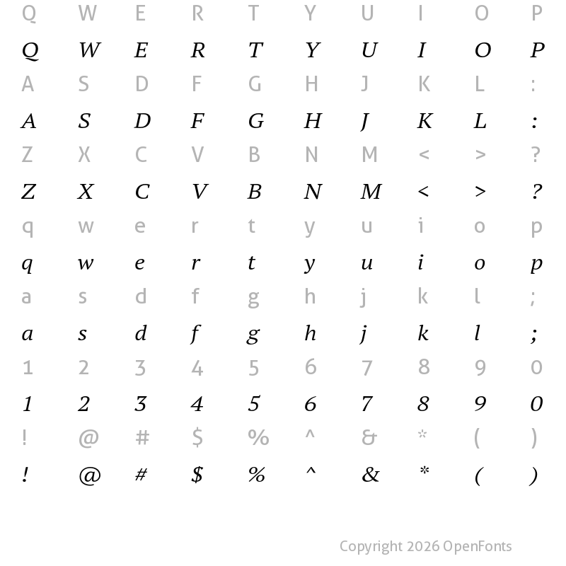 Character Map of PT Serif Pro Extended Italic