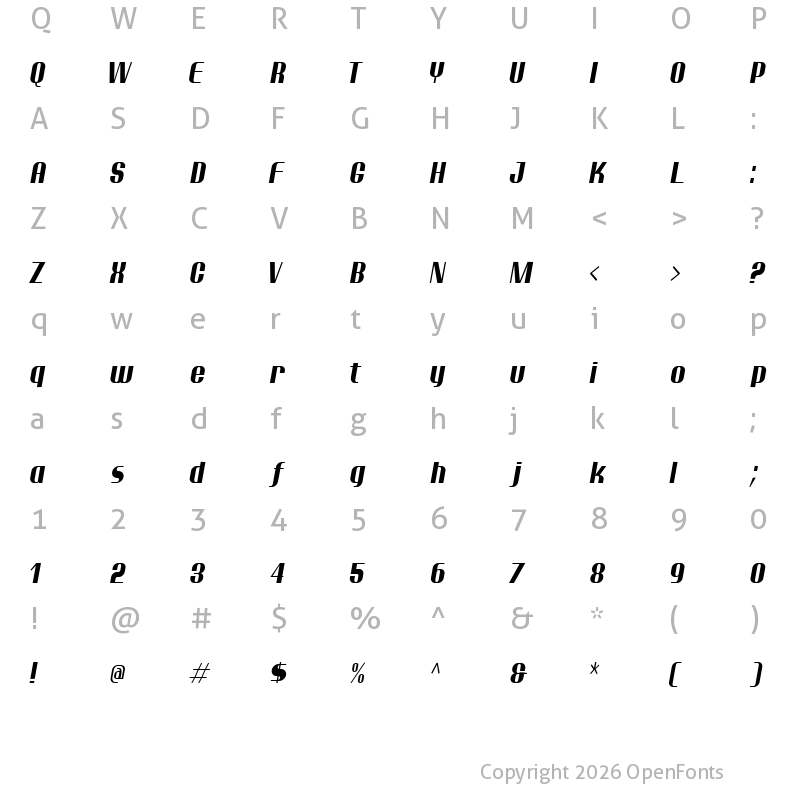 Character Map of Ptarmigan Condensed Italic