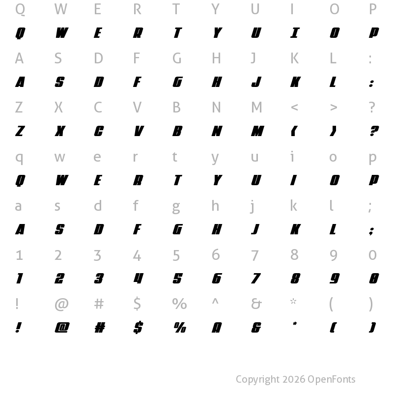 Character Map of Punch Expanded Super-Italic Regular