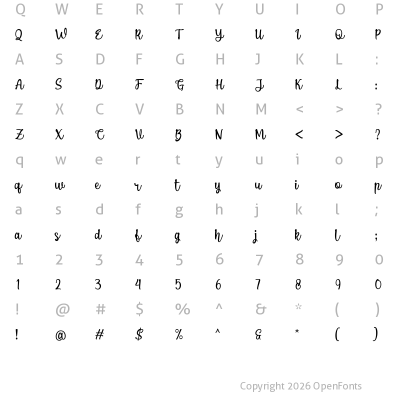 Character Map of Puspa Anisya Script Regular