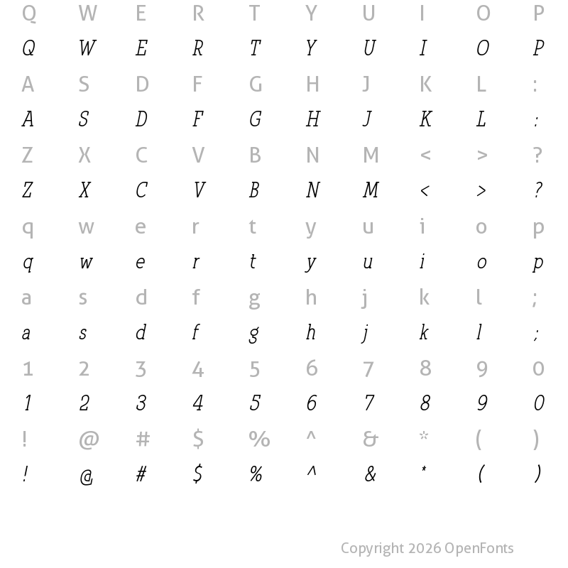 Character Map of Qlarendon Condensed Italic