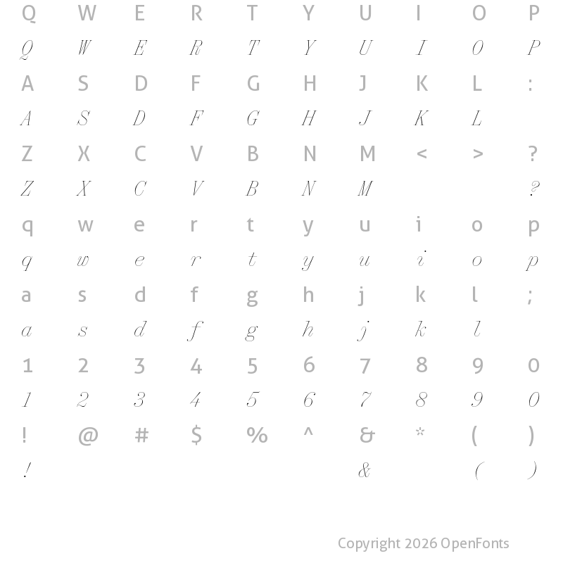 Character Map of Qommodore ExtraLight Italic