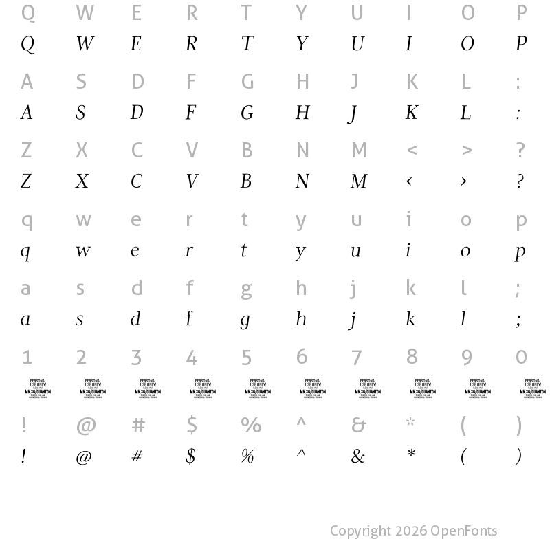 Character Map of Quanton PERSONAL USE ONLY Thin Italic