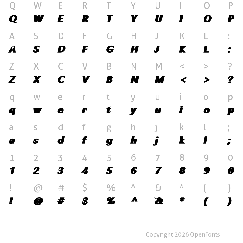 Character Map of quardratic Black Italic