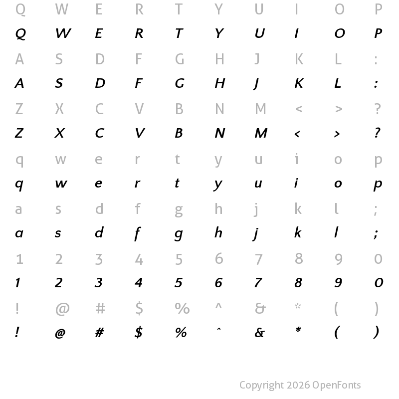 Character Map of Quattrocento Sans Bold Italic