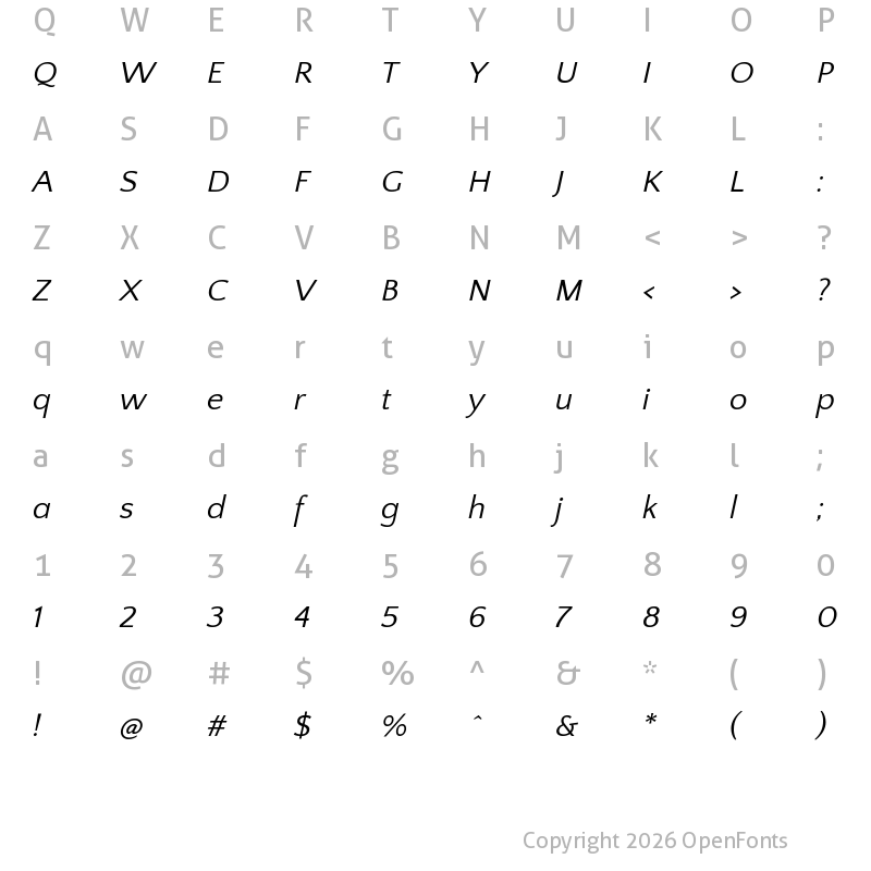 Character Map of Quattrocento Sans Italic